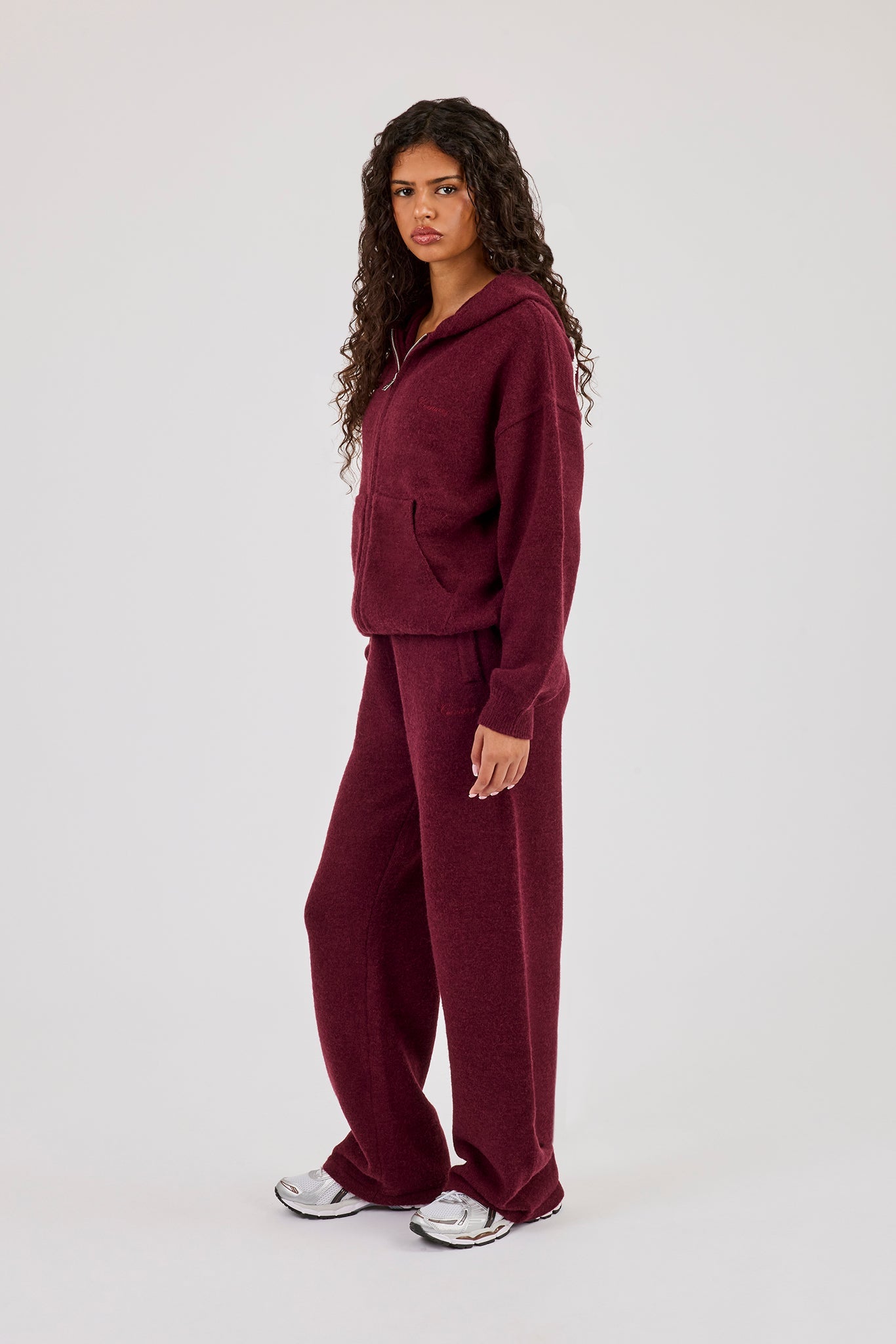 Knitted Stitch Back Detail Zip Through Hoodie & Wide Leg Jogger - Burgundy